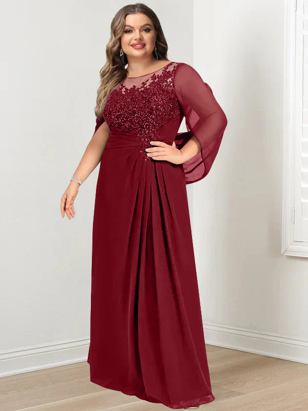 Plus Size Long Mother of the Bride A Line Dress with Scoop Neckline Pleats and Sequins