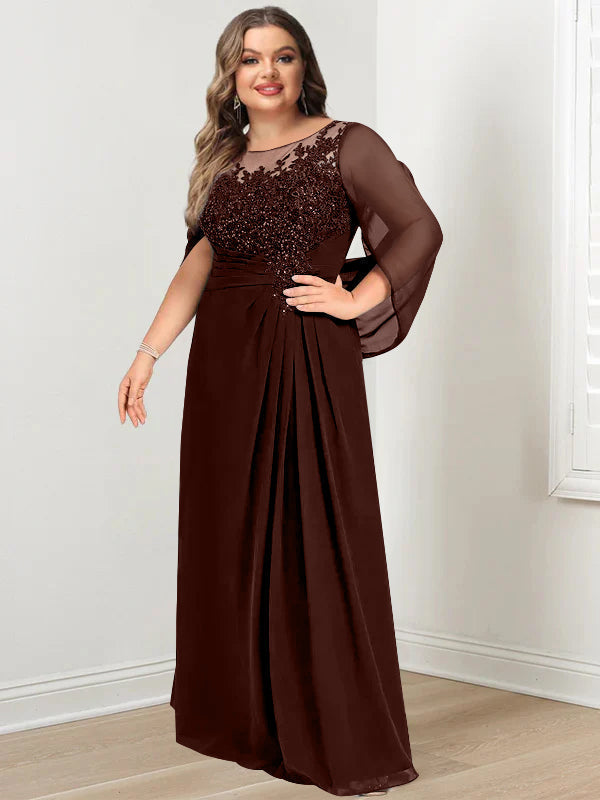 Plus Size Long Mother of the Bride A Line Dress with Scoop Neckline Pleats and Sequins