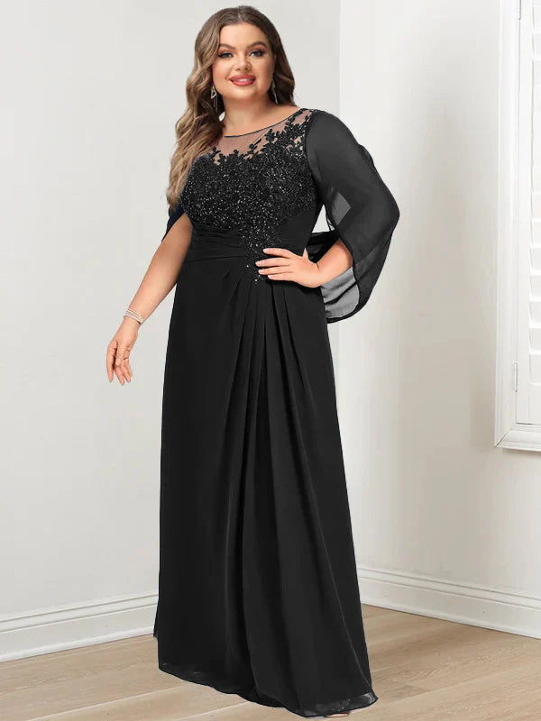 Plus Size Long Mother of the Bride A Line Dress with Scoop Neckline Pleats and Sequins