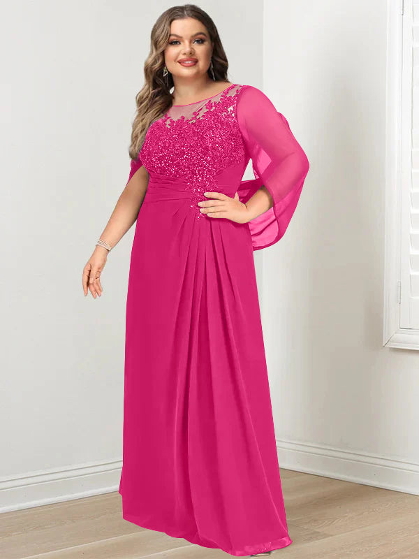 Plus Size Long Mother of the Bride A Line Dress with Scoop Neckline Pleats and Sequins