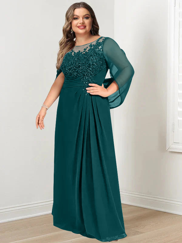 Plus Size Long Mother of the Bride A Line Dress with Scoop Neckline Pleats and Sequins