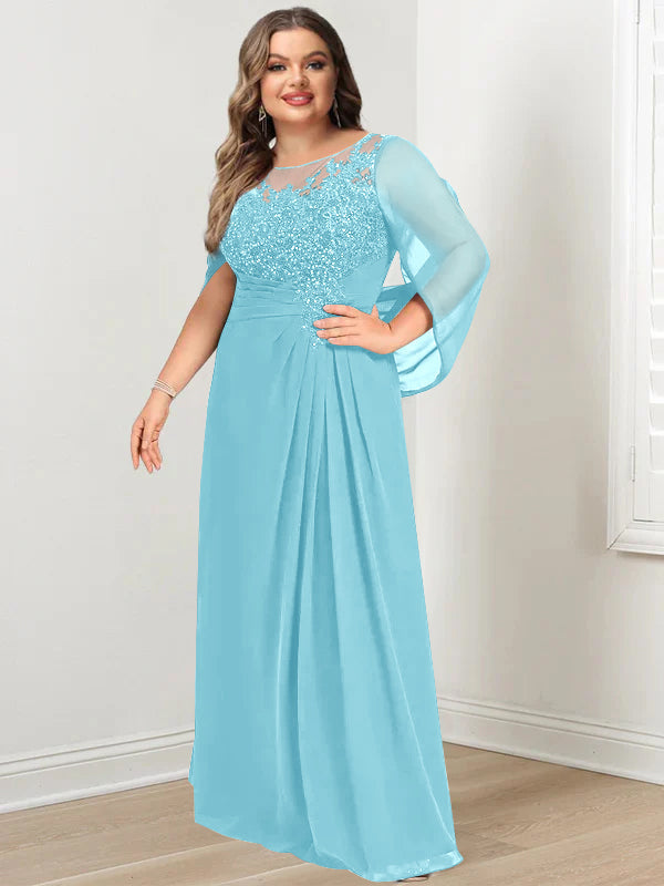Plus Size Long Mother of the Bride A Line Dress with Scoop Neckline Pleats and Sequins