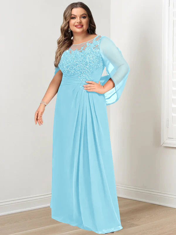 Plus Size Long Mother of the Bride A Line Dress with Scoop Neckline Pleats and Sequins