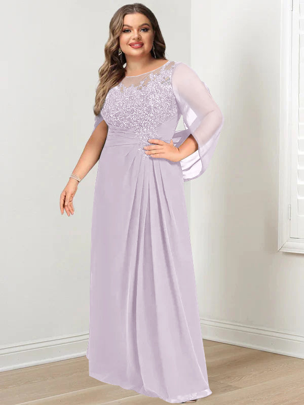 Plus Size Long Mother of the Bride A Line Dress with Scoop Neckline Pleats and Sequins