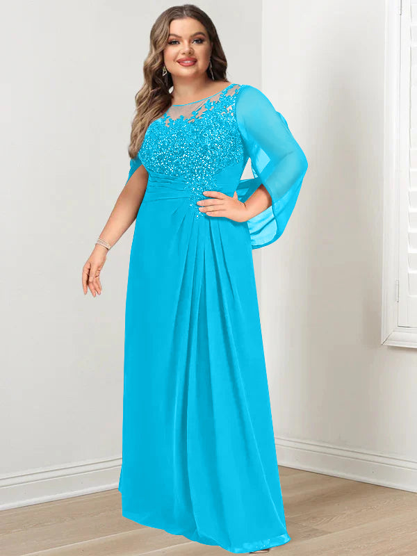 Plus Size Long Mother of the Bride A Line Dress with Scoop Neckline Pleats and Sequins