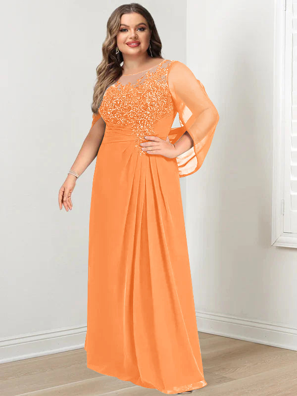 Plus Size Long Mother of the Bride A Line Dress with Scoop Neckline Pleats and Sequins