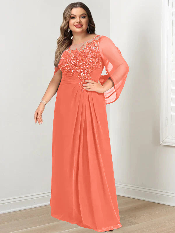 Plus Size Long Mother of the Bride A Line Dress with Scoop Neckline Pleats and Sequins