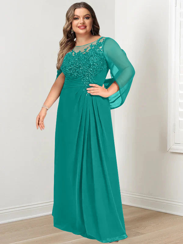Plus Size Long Mother of the Bride A Line Dress with Scoop Neckline Pleats and Sequins