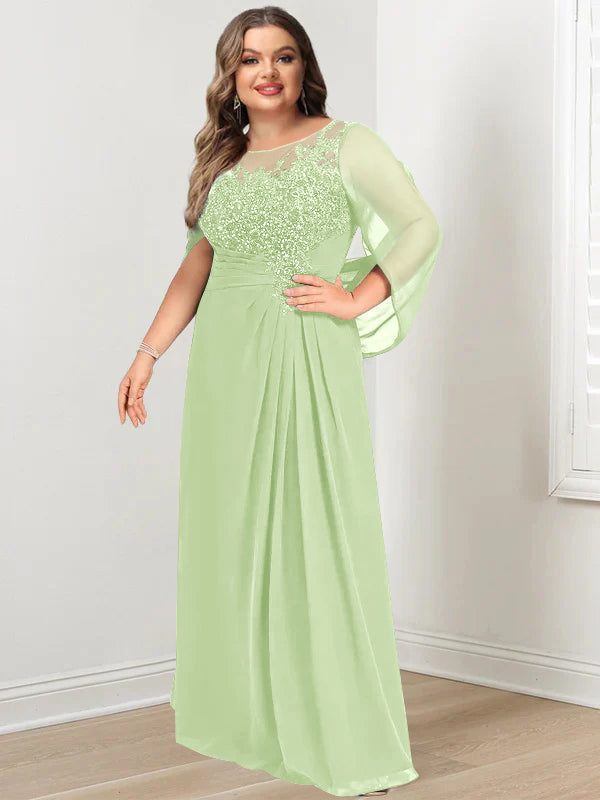 Plus Size Long Mother of the Bride A Line Dress with Scoop Neckline Pleats and Sequins