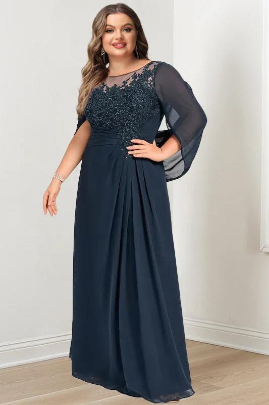 Plus Size Long Mother of the Bride A Line Dress with Scoop Neckline Pleats and Sequins