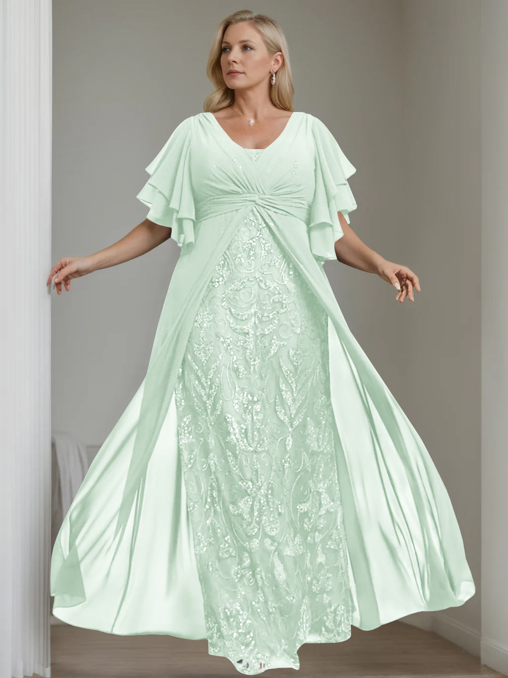 Plus Size Long Mother of the Bride A Line Dress with V Neck and Half Sleeves