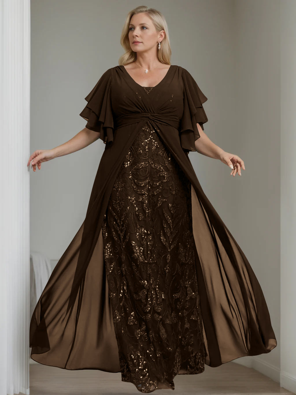 Plus Size Long Mother of the Bride A Line Dress with V Neck and Half Sleeves