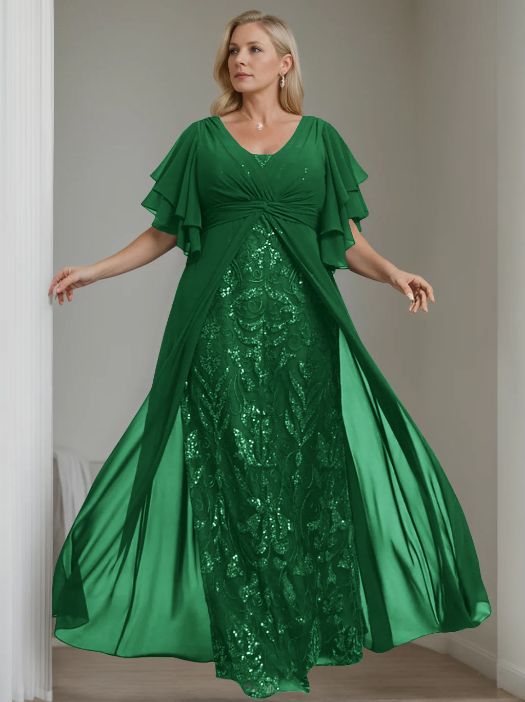 Plus Size Long Mother of the Bride A Line Dress with V Neck and Half Sleeves