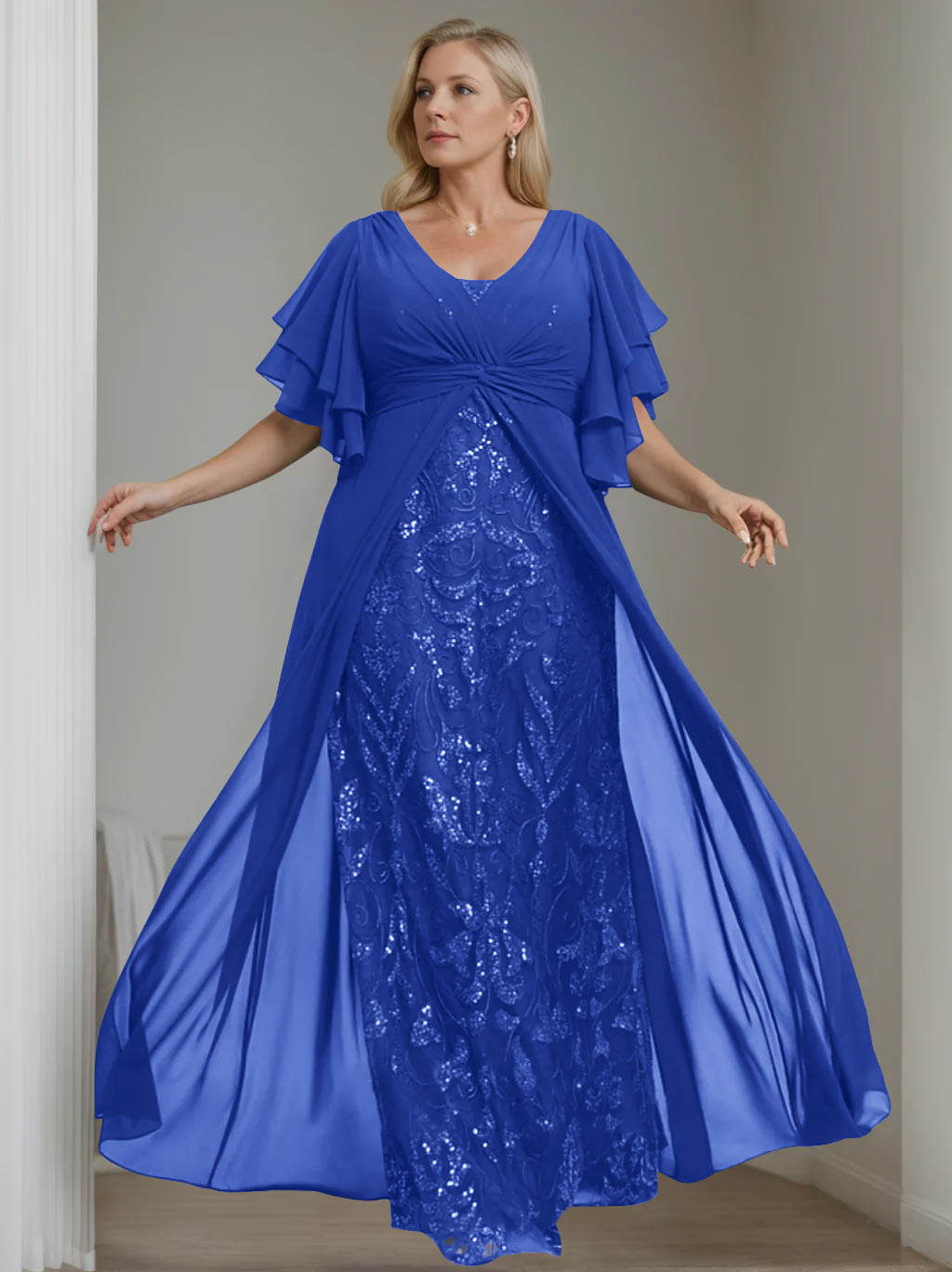 Plus Size Long Mother of the Bride A Line Dress with V Neck and Half Sleeves