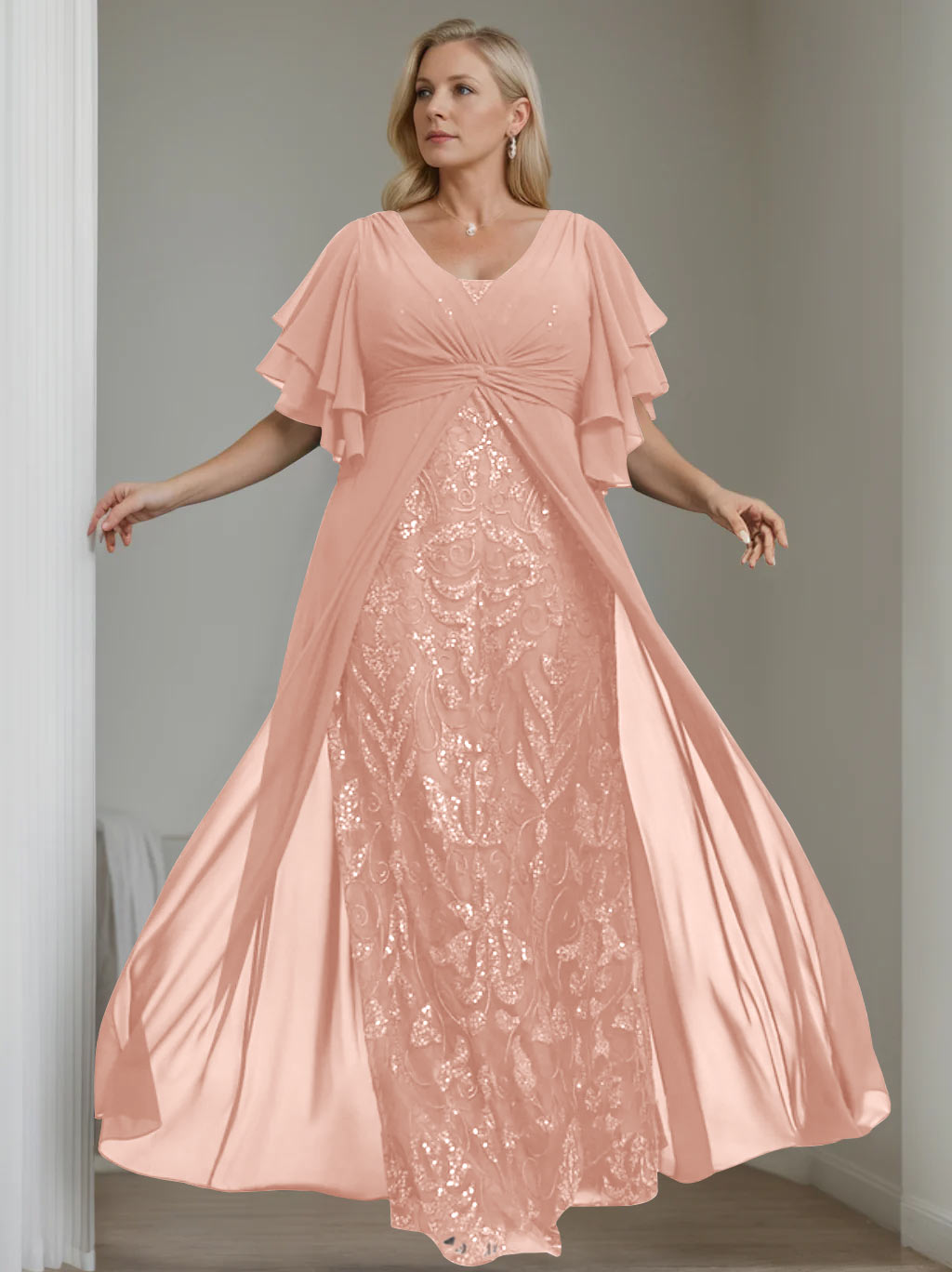 Plus Size Long Mother of the Bride A Line Dress with V Neck and Half Sleeves