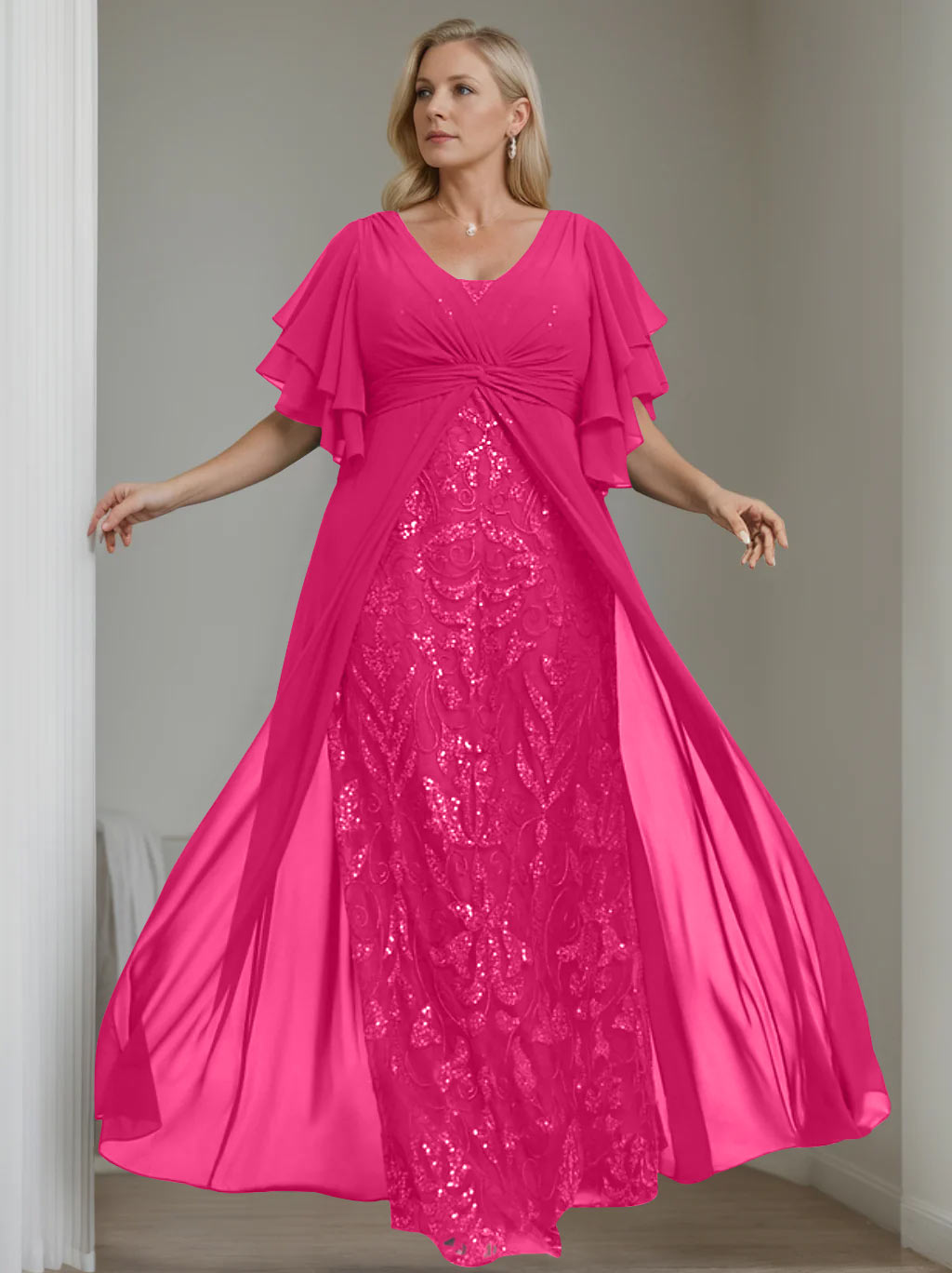 Plus Size Long Mother of the Bride A Line Dress with V Neck and Half Sleeves