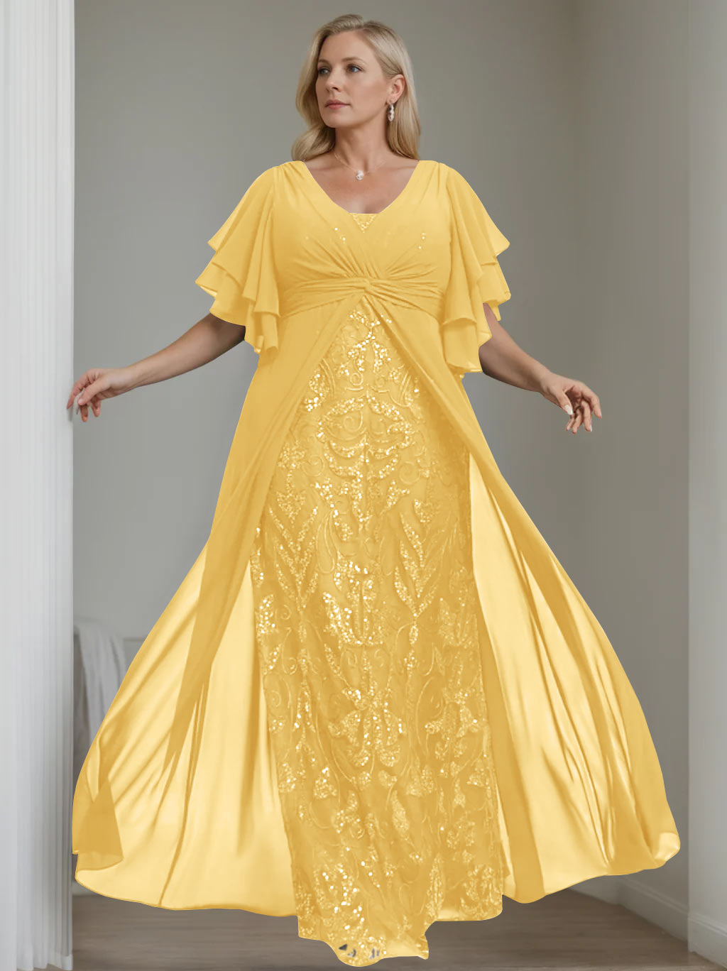 Plus Size Long Mother of the Bride A Line Dress with V Neck and Half Sleeves