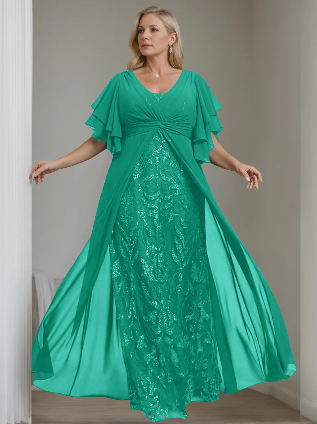 Plus Size Long Mother of the Bride A Line Dress with V Neck and Half Sleeves