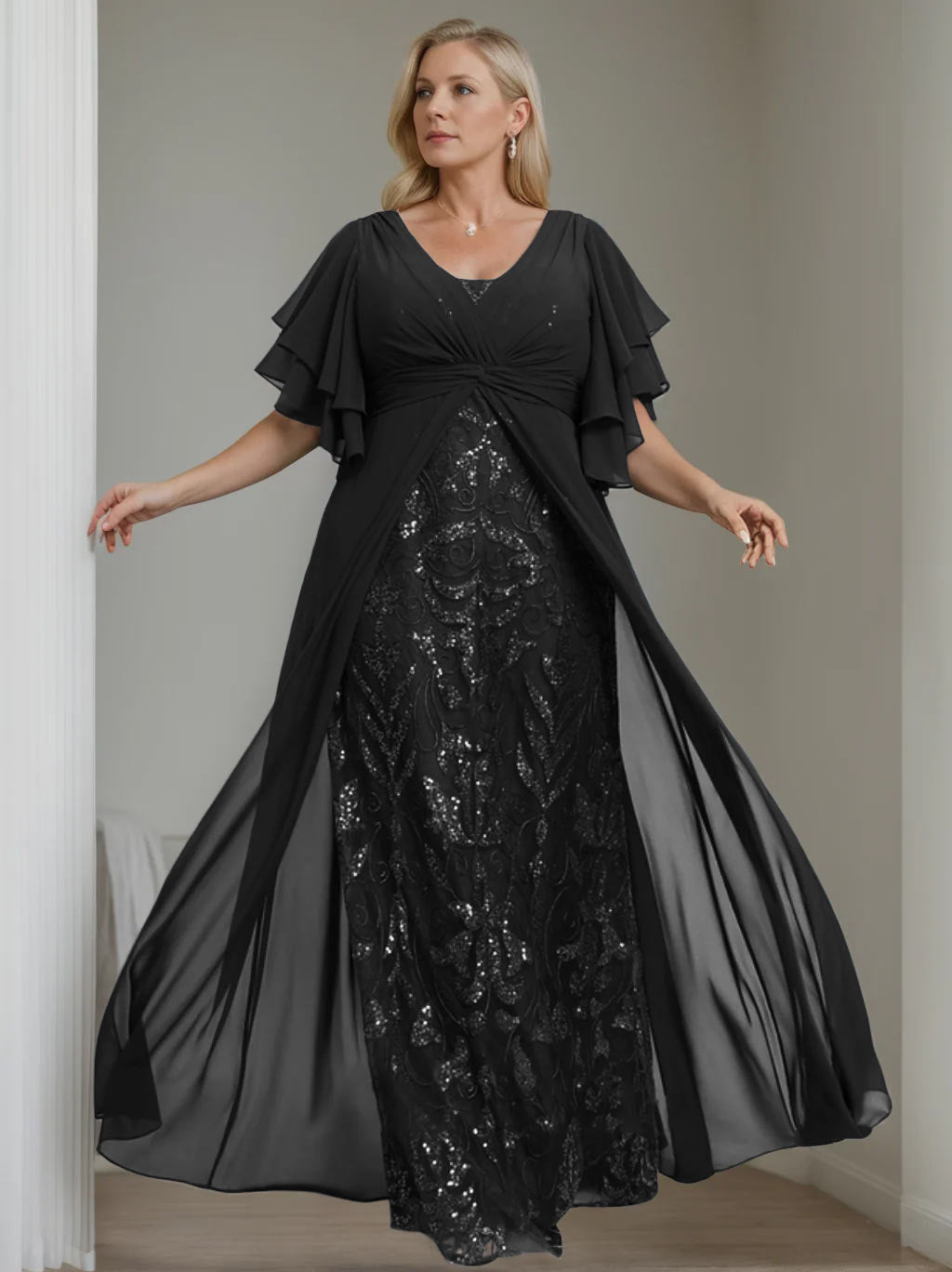 Plus Size Long Mother of the Bride A Line Dress with V Neck and Half Sleeves