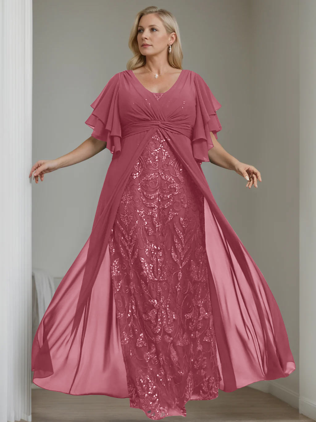 Plus Size Long Mother of the Bride A Line Dress with V Neck and Half Sleeves