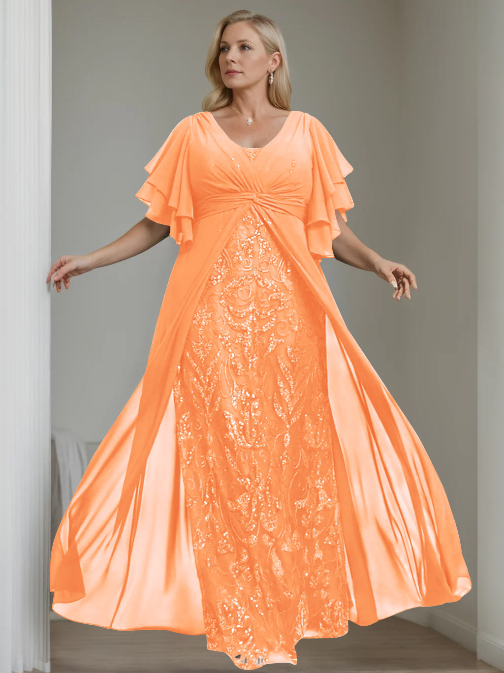 Plus Size Long Mother of the Bride A Line Dress with V Neck and Half Sleeves