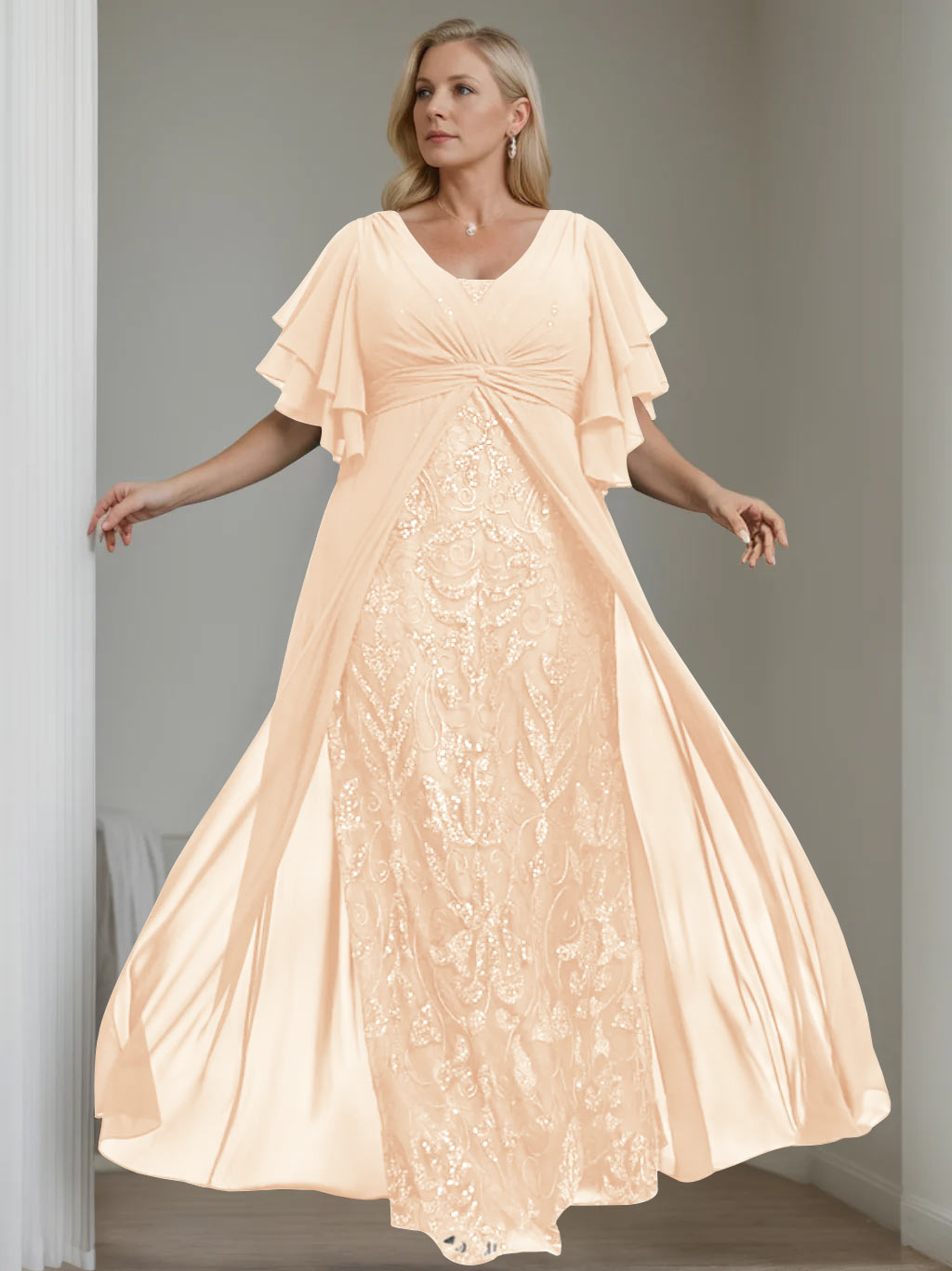 Plus Size Long Mother of the Bride A Line Dress with V Neck and Half Sleeves