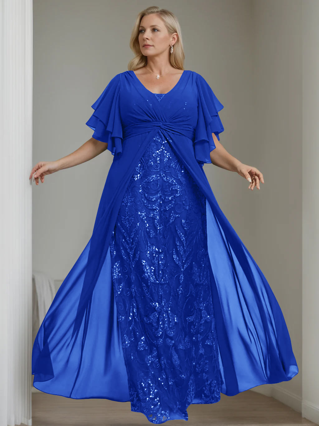 Plus Size Long Mother of the Bride A Line Dress with V Neck and Half Sleeves