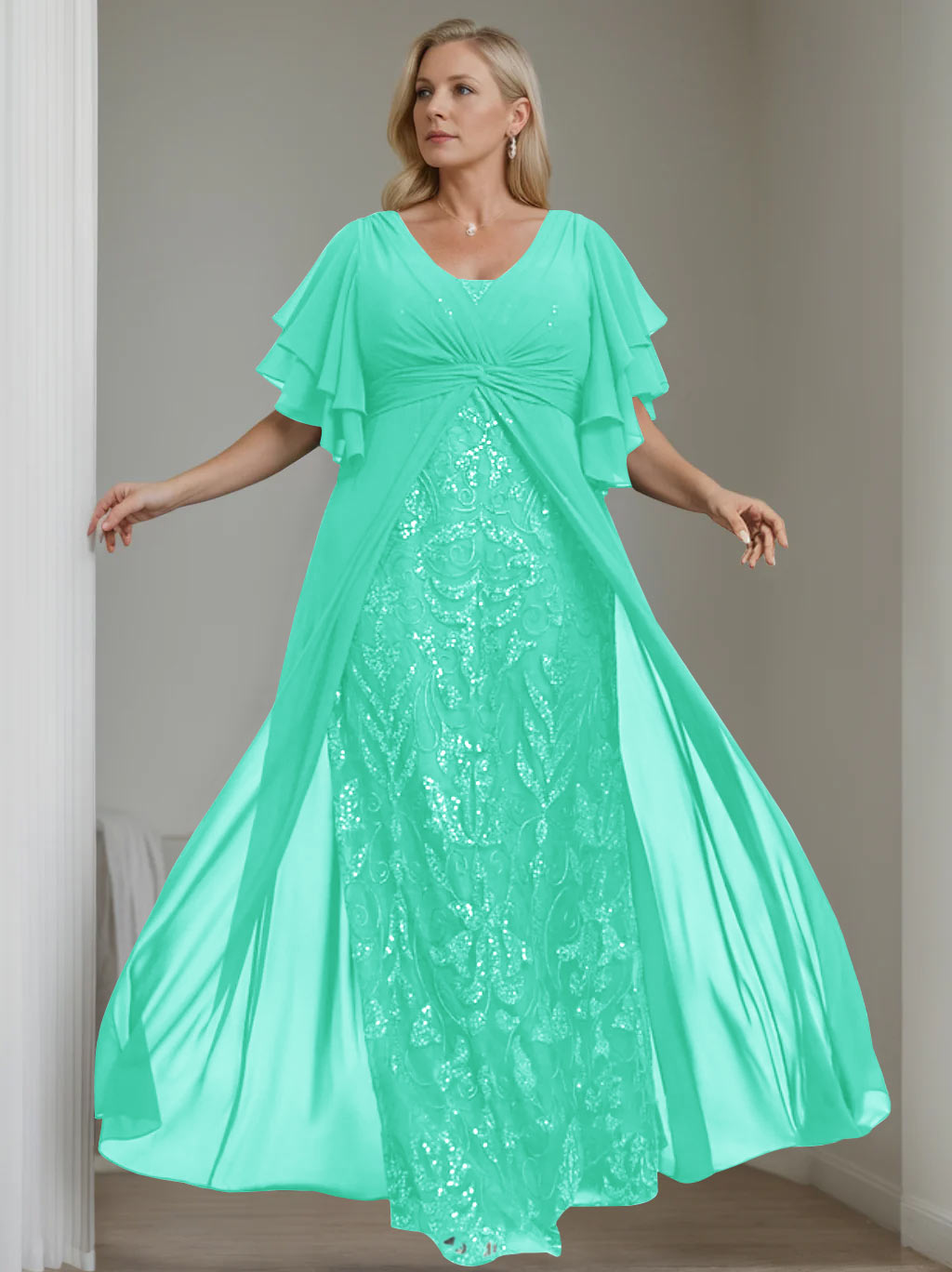 Plus Size Long Mother of the Bride A Line Dress with V Neck and Half Sleeves