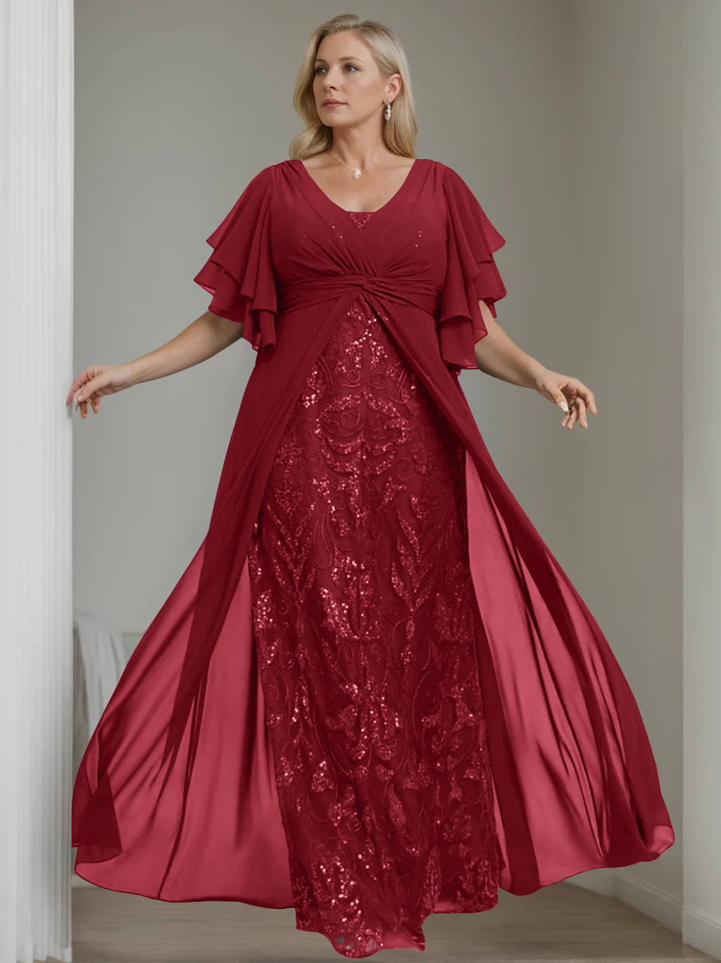 Plus Size Long Mother of the Bride A Line Dress with V Neck and Half Sleeves