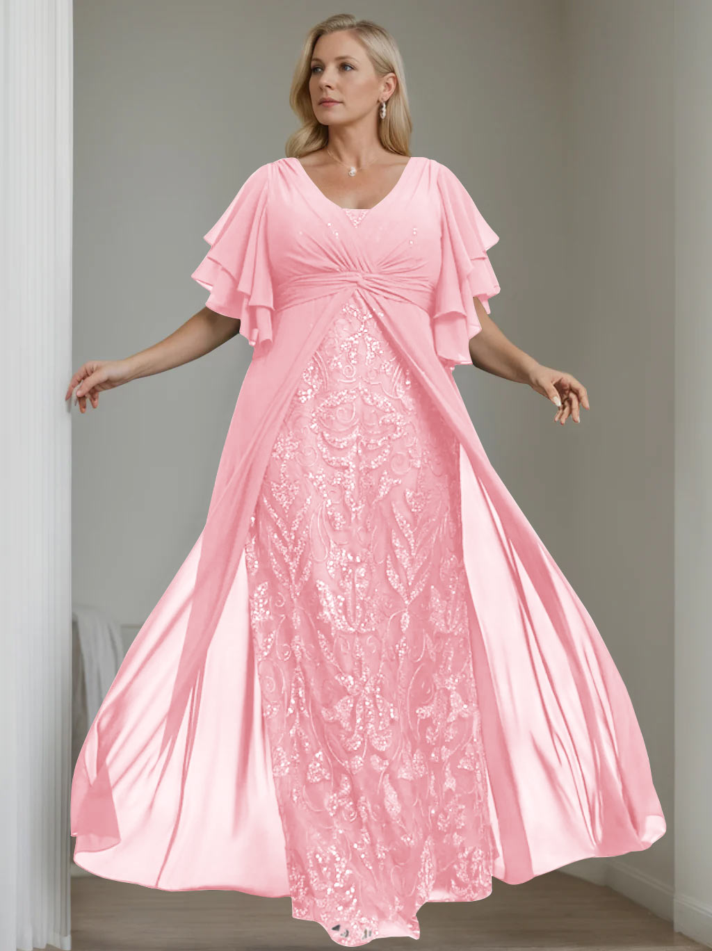 Plus Size Long Mother of the Bride A Line Dress with V Neck and Half Sleeves
