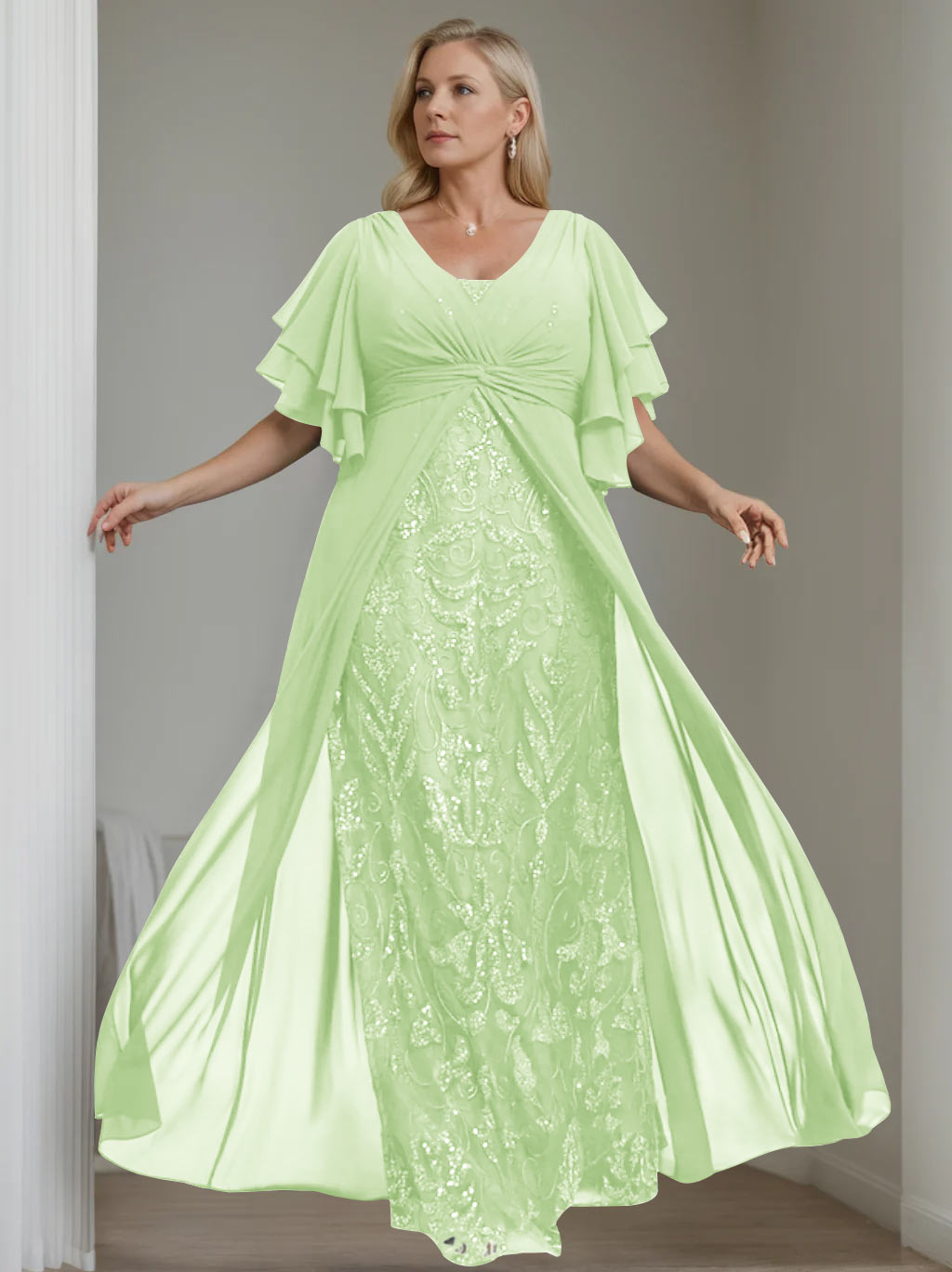 Plus Size Long Mother of the Bride A Line Dress with V Neck and Half Sleeves
