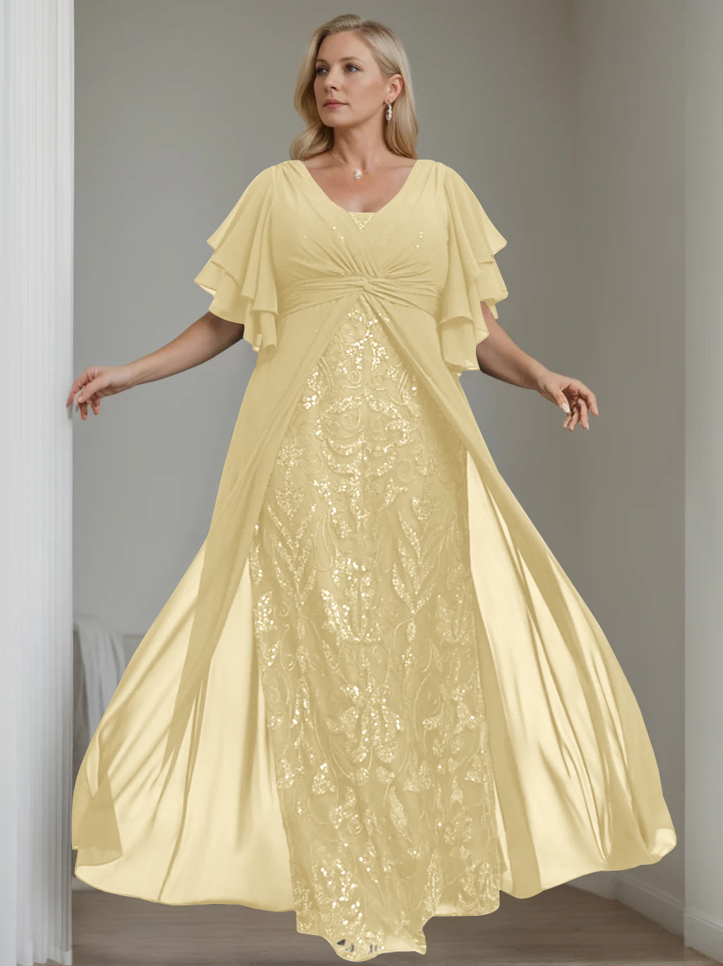 Plus Size Long Mother of the Bride A Line Dress with V Neck and Half Sleeves