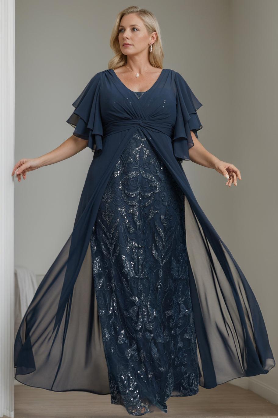 Plus Size Long Mother of the Bride A Line Dress with V Neck and Half Sleeves