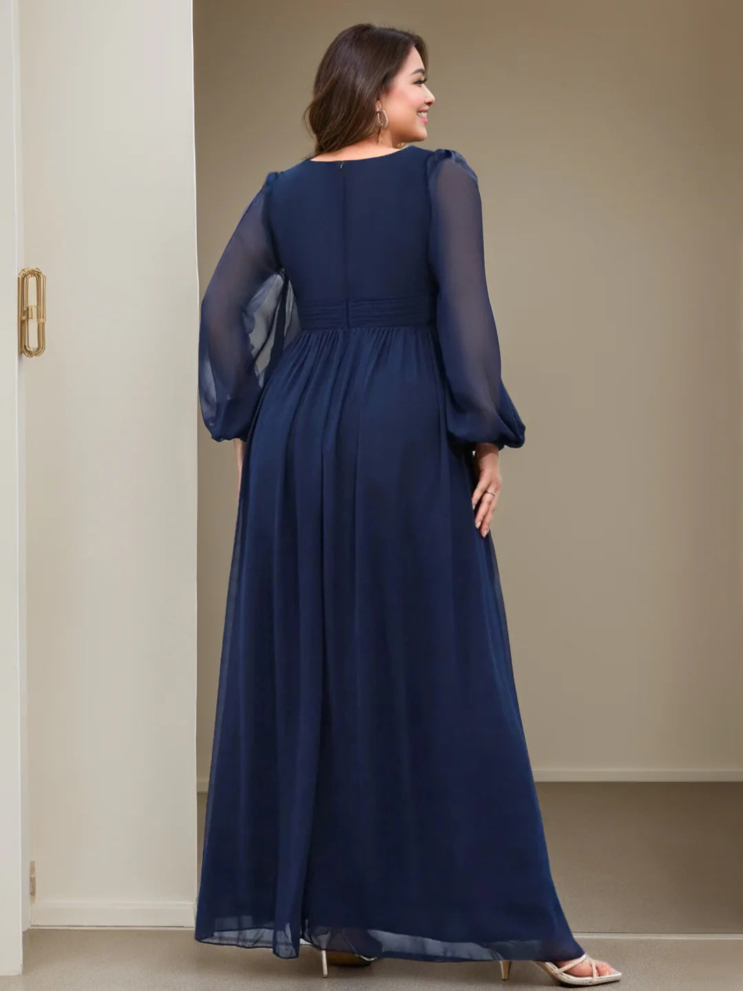 Plus Size Long Mother of the Bride A Line Dress with V Neck and Ruffled Long Sleeves