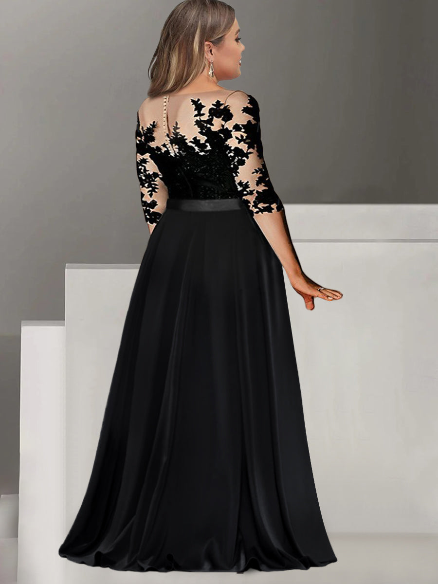 Plus Size Long Mother of the Bride & Groom A Line Dress with Jewel Neck and 3/4 Sleeves