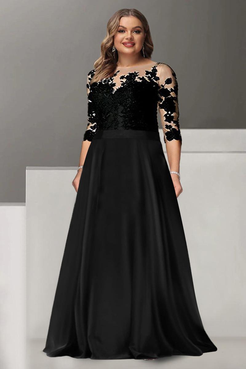 Plus Size Long Mother of the Bride & Groom A Line Dress with Jewel Neck and 3/4 Sleeves