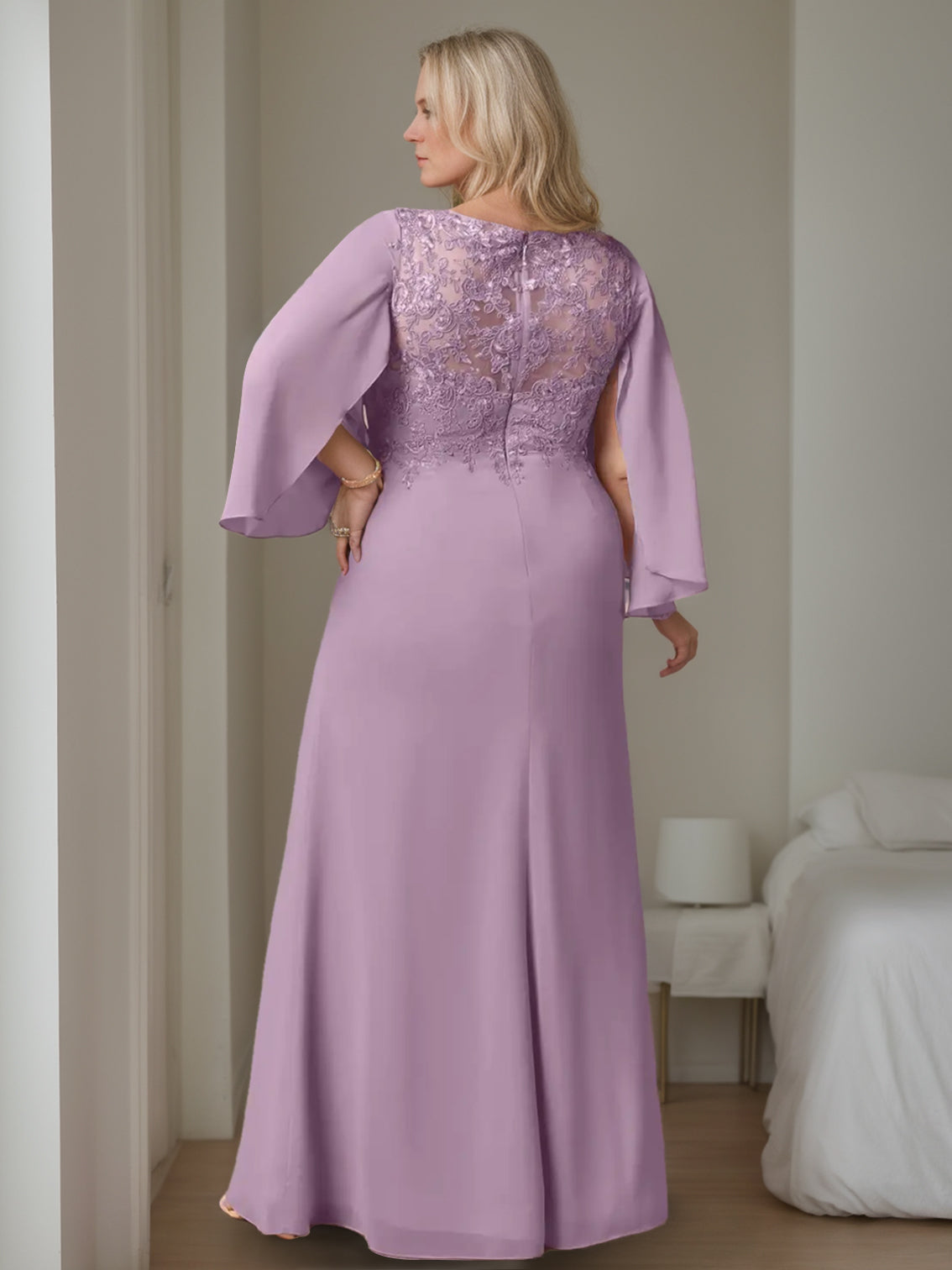 Plus Size Long V Neck A Line Mother of the Bride Dress with Ruffles and Long Sleeves