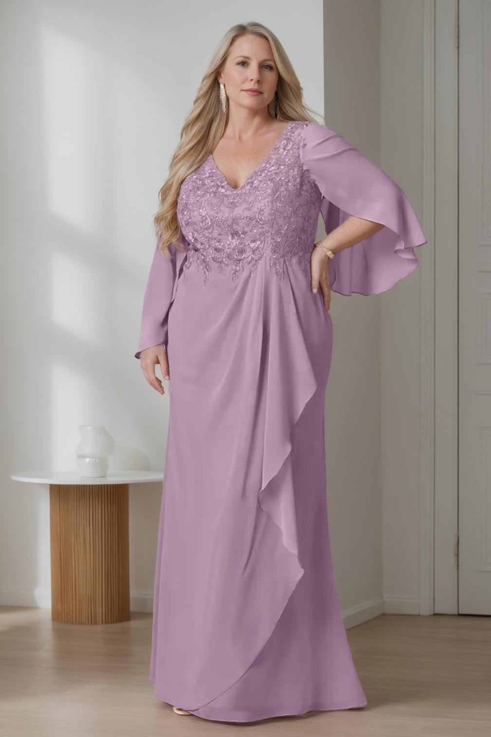 Plus Size Long V Neck A Line Mother of the Bride Dress with Ruffles and Long Sleeves