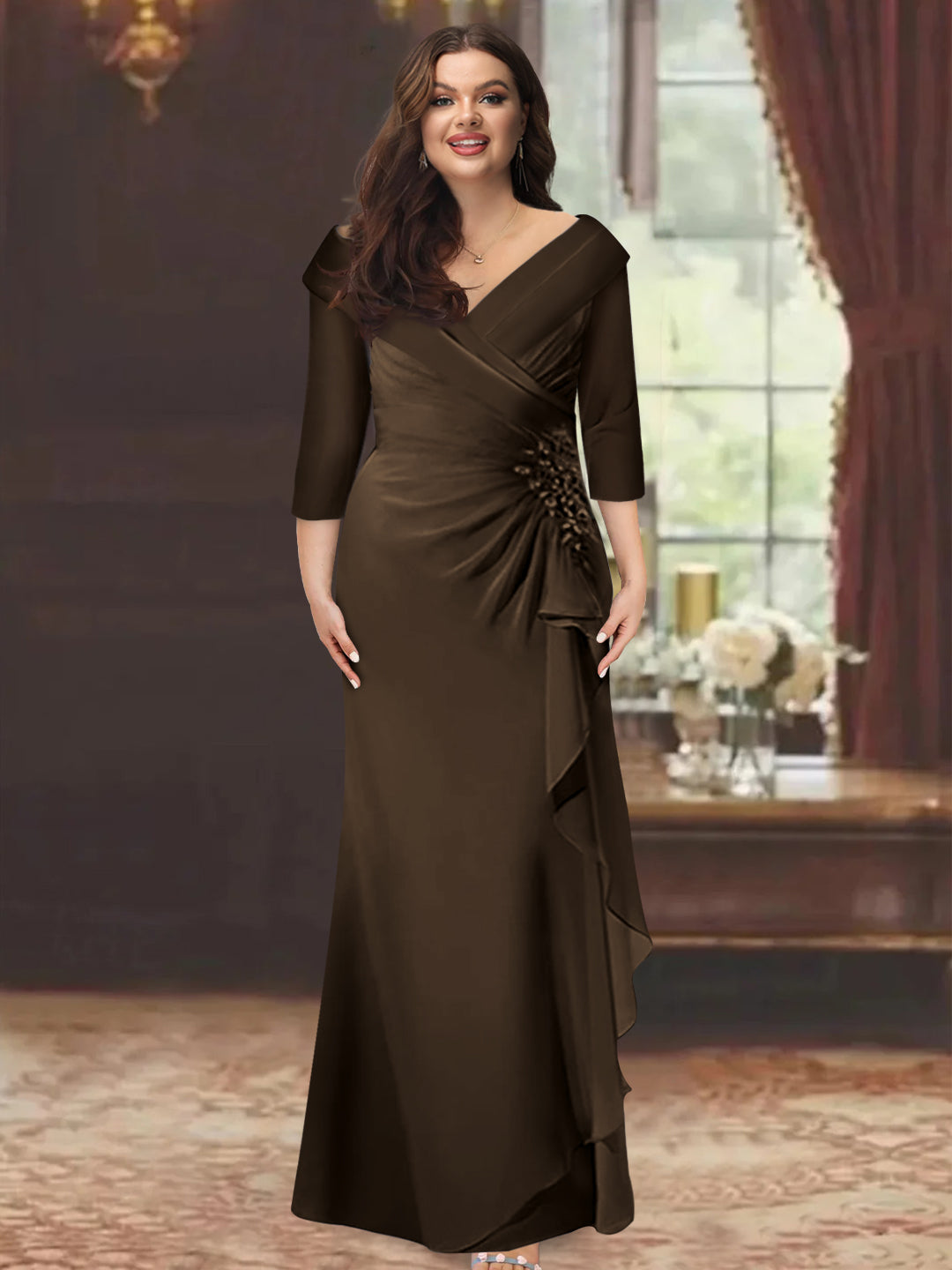 Plus Size Long V Neck Sheath Mother of the Bride Dress with Ruffles and Appliques