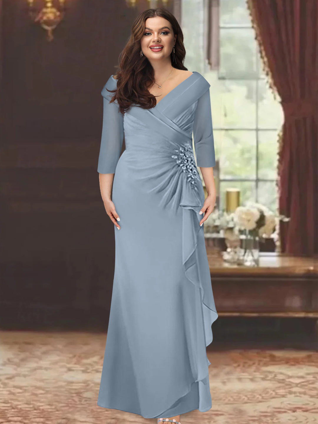 Plus Size Long V Neck Sheath Mother of the Bride Dress with Ruffles and Appliques