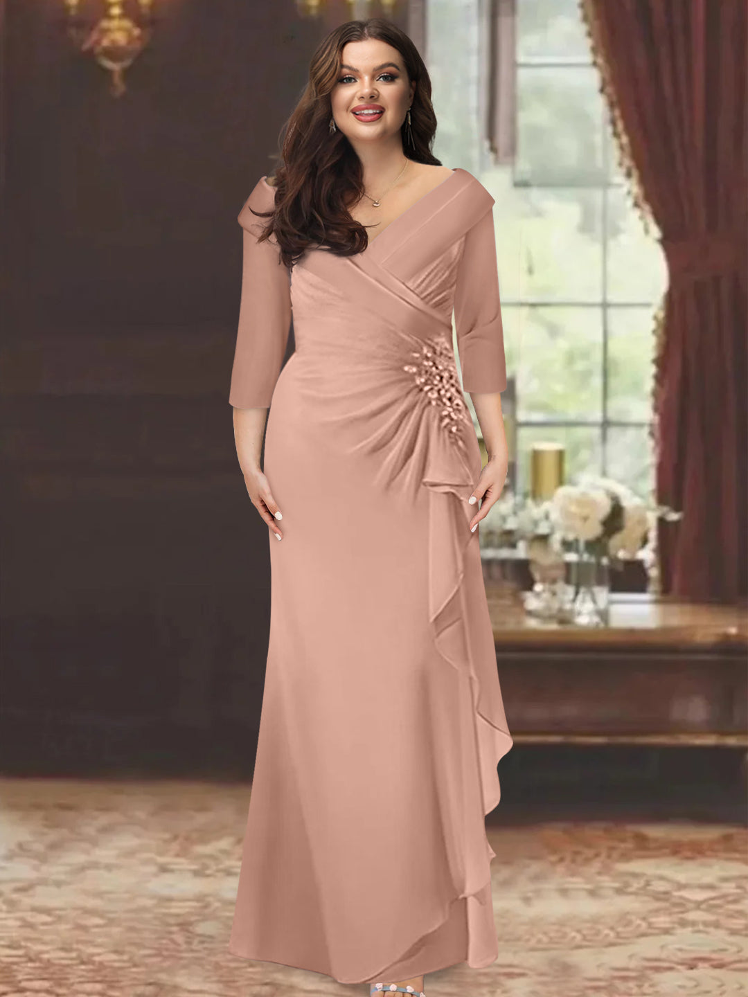 Plus Size Long V Neck Sheath Mother of the Bride Dress with Ruffles and Appliques