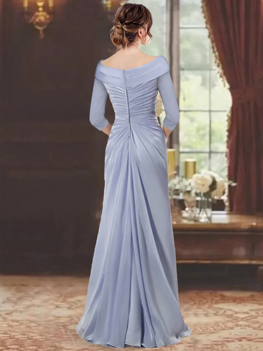 Plus Size Long V Neck Sheath Mother of the Bride Dress with Ruffles and Appliques
