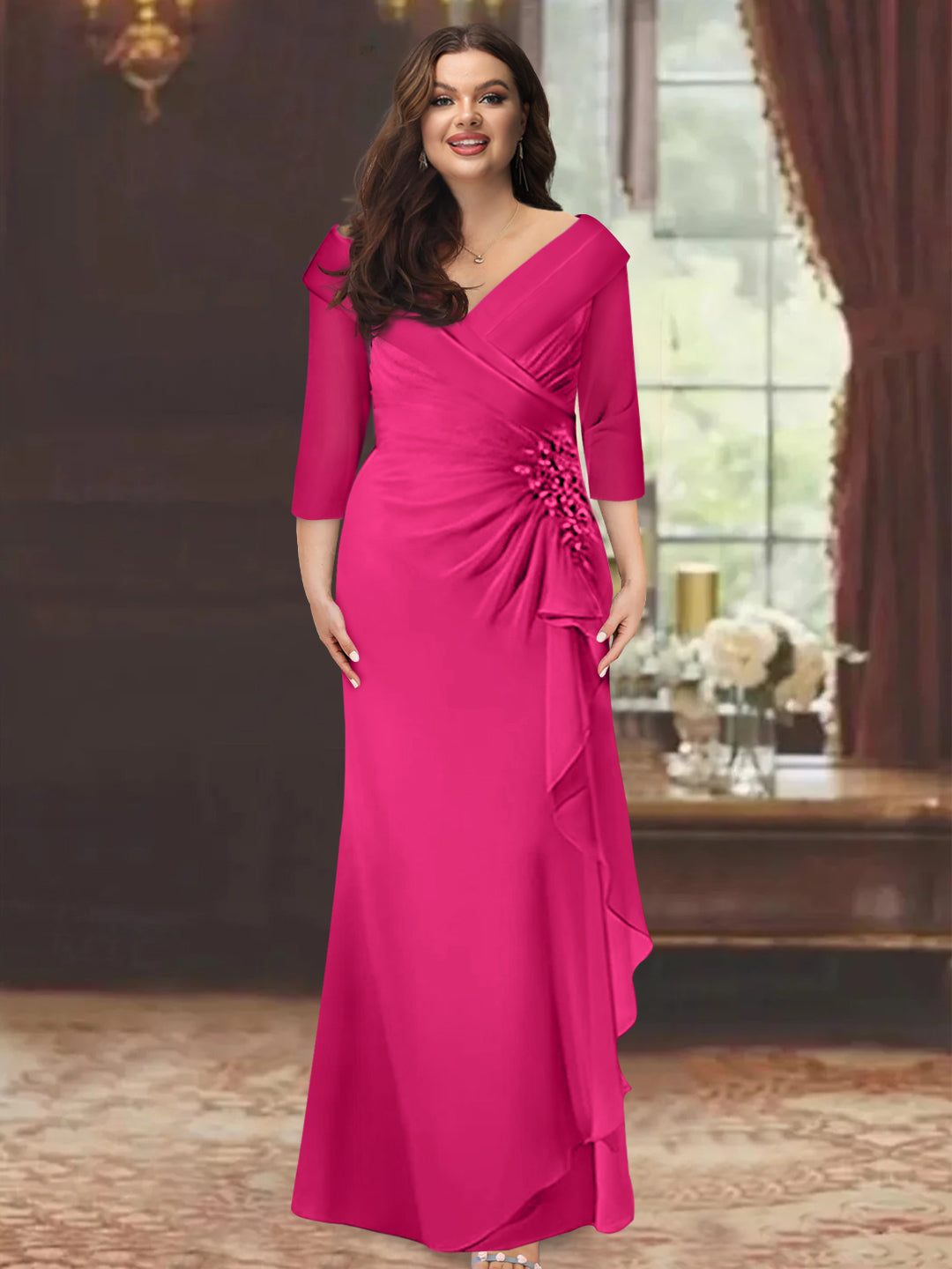 Plus Size Long V Neck Sheath Mother of the Bride Dress with Ruffles and Appliques