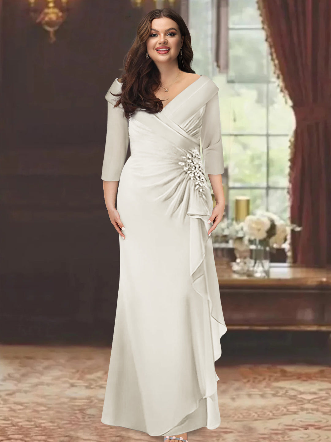 Plus Size Long V Neck Sheath Mother of the Bride Dress with Ruffles and Appliques