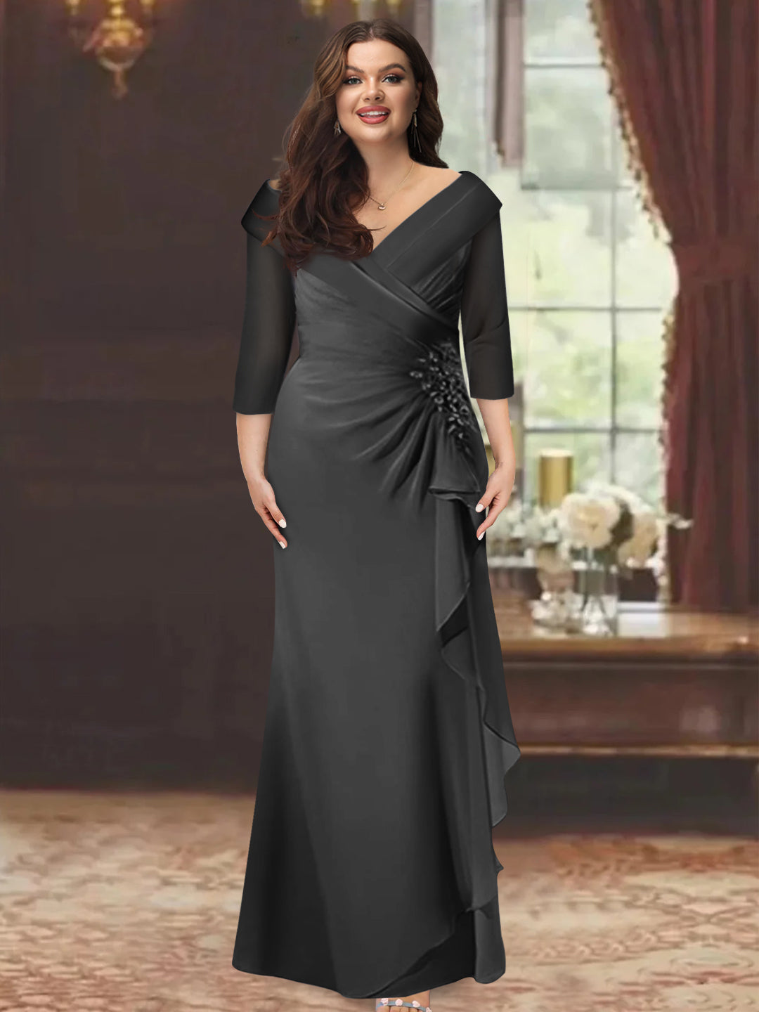 Plus Size Long V Neck Sheath Mother of the Bride Dress with Ruffles and Appliques