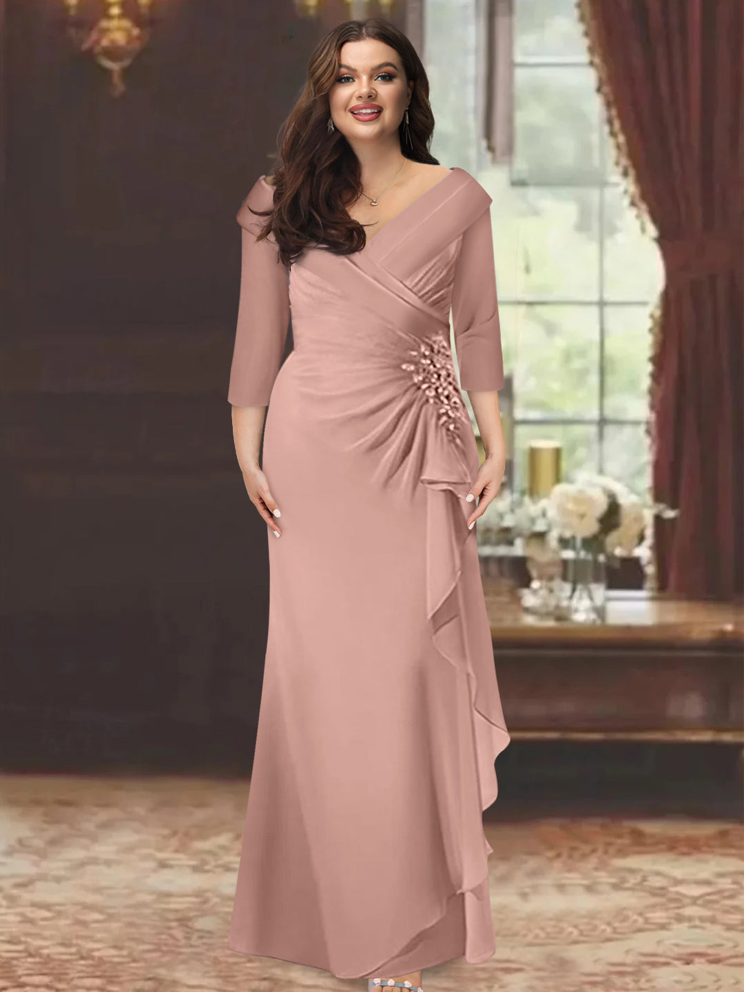 Plus Size Long V Neck Sheath Mother of the Bride Dress with Ruffles and Appliques