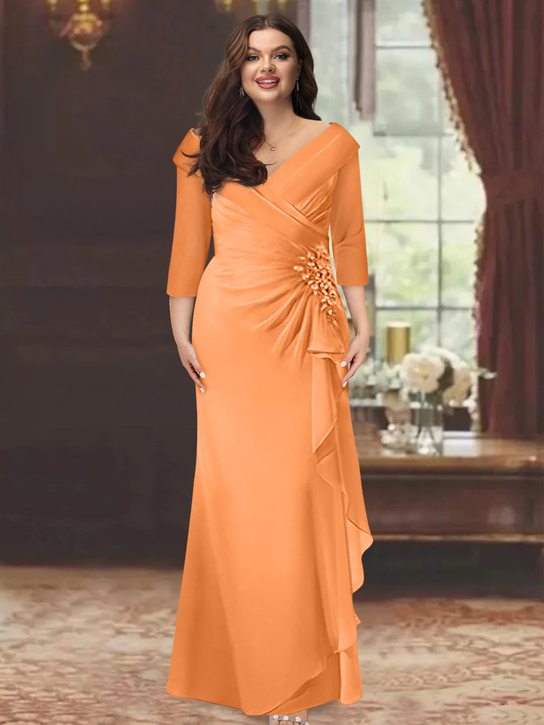Plus Size Long V Neck Sheath Mother of the Bride Dress with Ruffles and Appliques