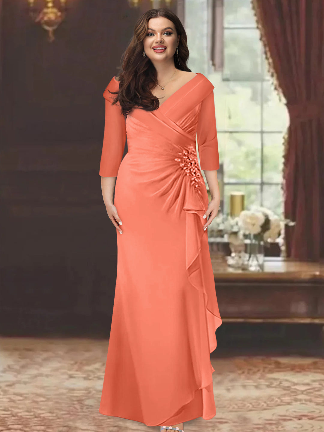 Plus Size Long V Neck Sheath Mother of the Bride Dress with Ruffles and Appliques