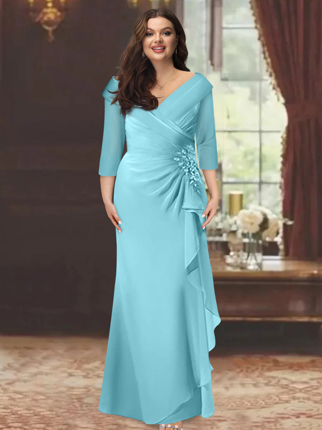 Plus Size Long V Neck Sheath Mother of the Bride Dress with Ruffles and Appliques