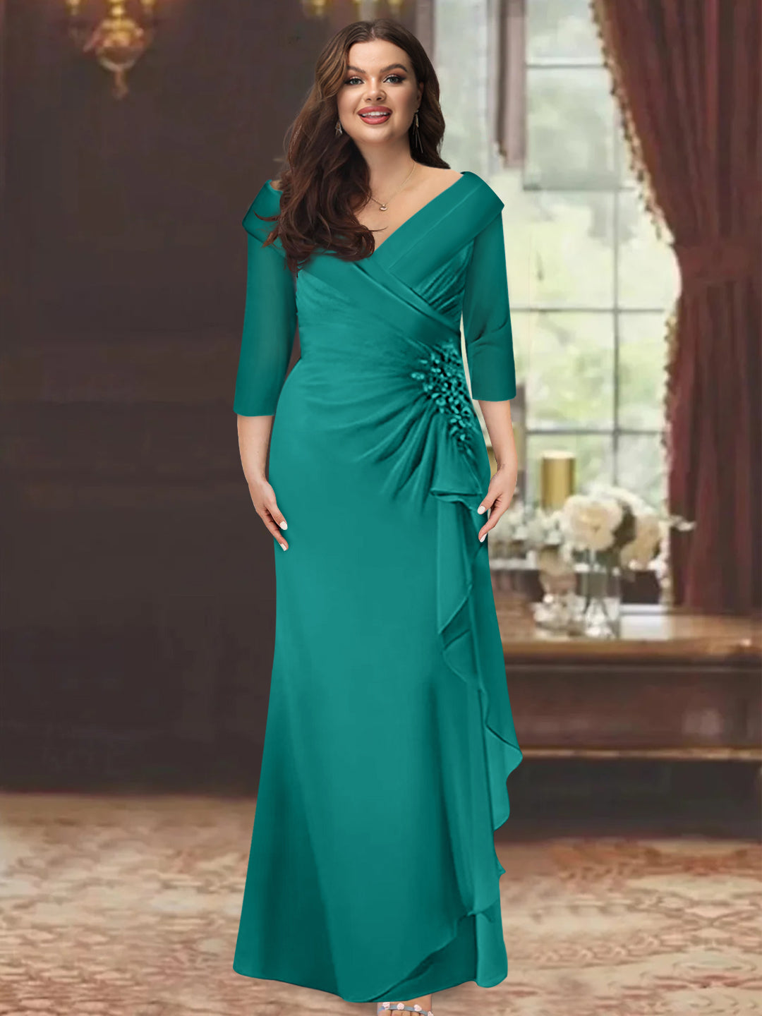 Plus Size Long V Neck Sheath Mother of the Bride Dress with Ruffles and Appliques